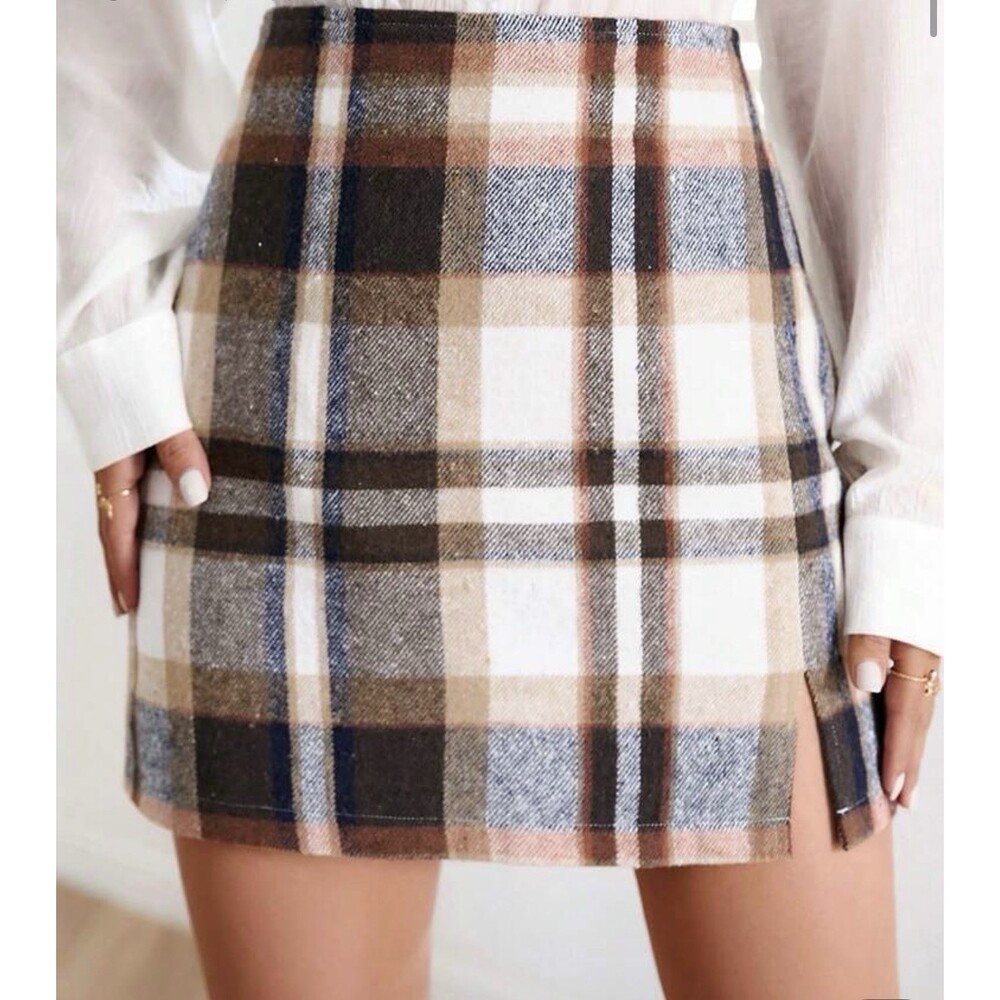 SHEIN Plaid Flannel Skirt Autumn Fall Thanksgiving Work With Side Slit M